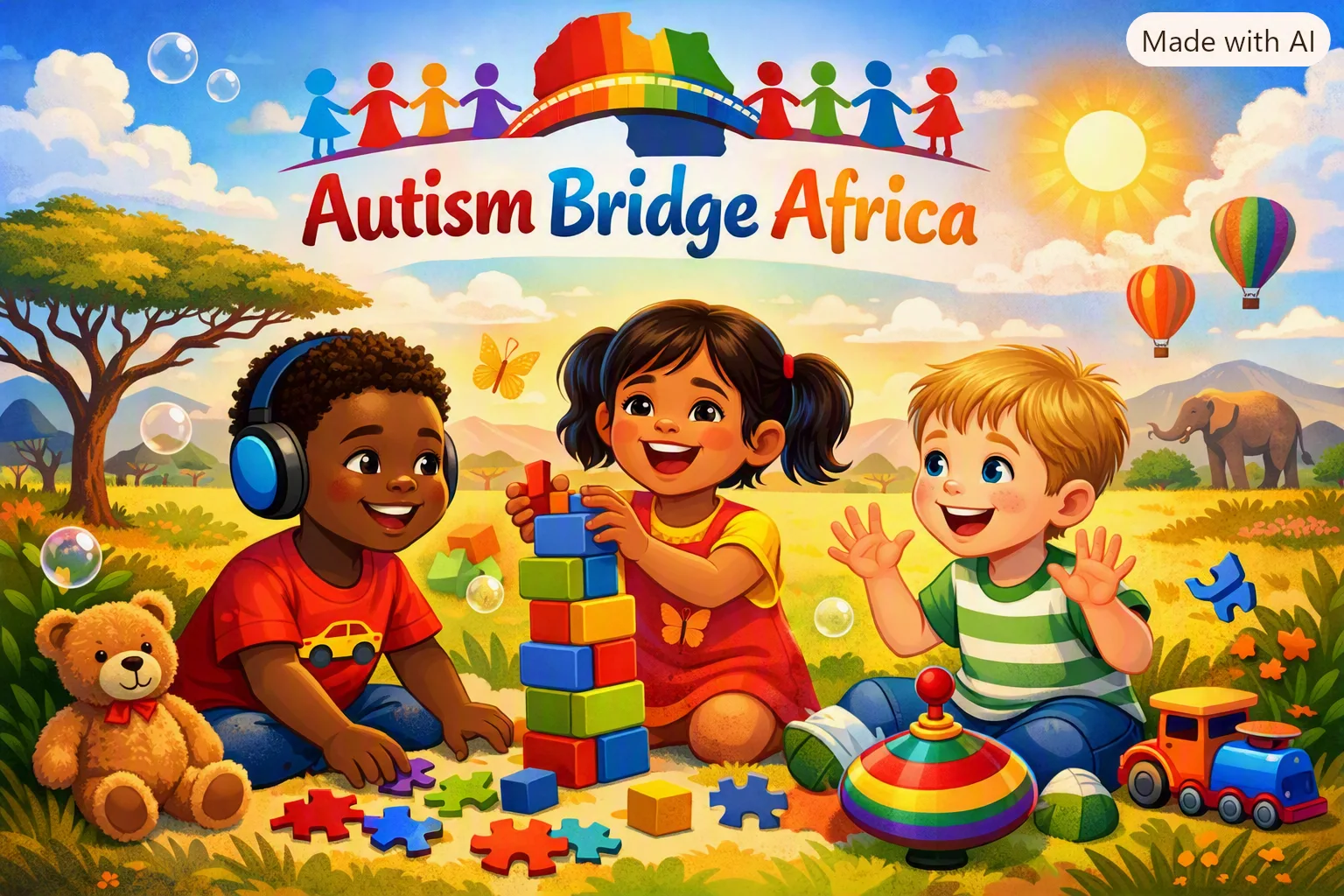 Autism Bridge Africa illustrated banner showing children playing together. Labelled Made with AI.